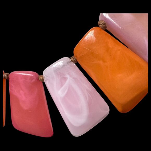 Pink & Orange Statement Bib Necklace - Swirly Plastic - Adjustable Cord - Picture 10 of 12